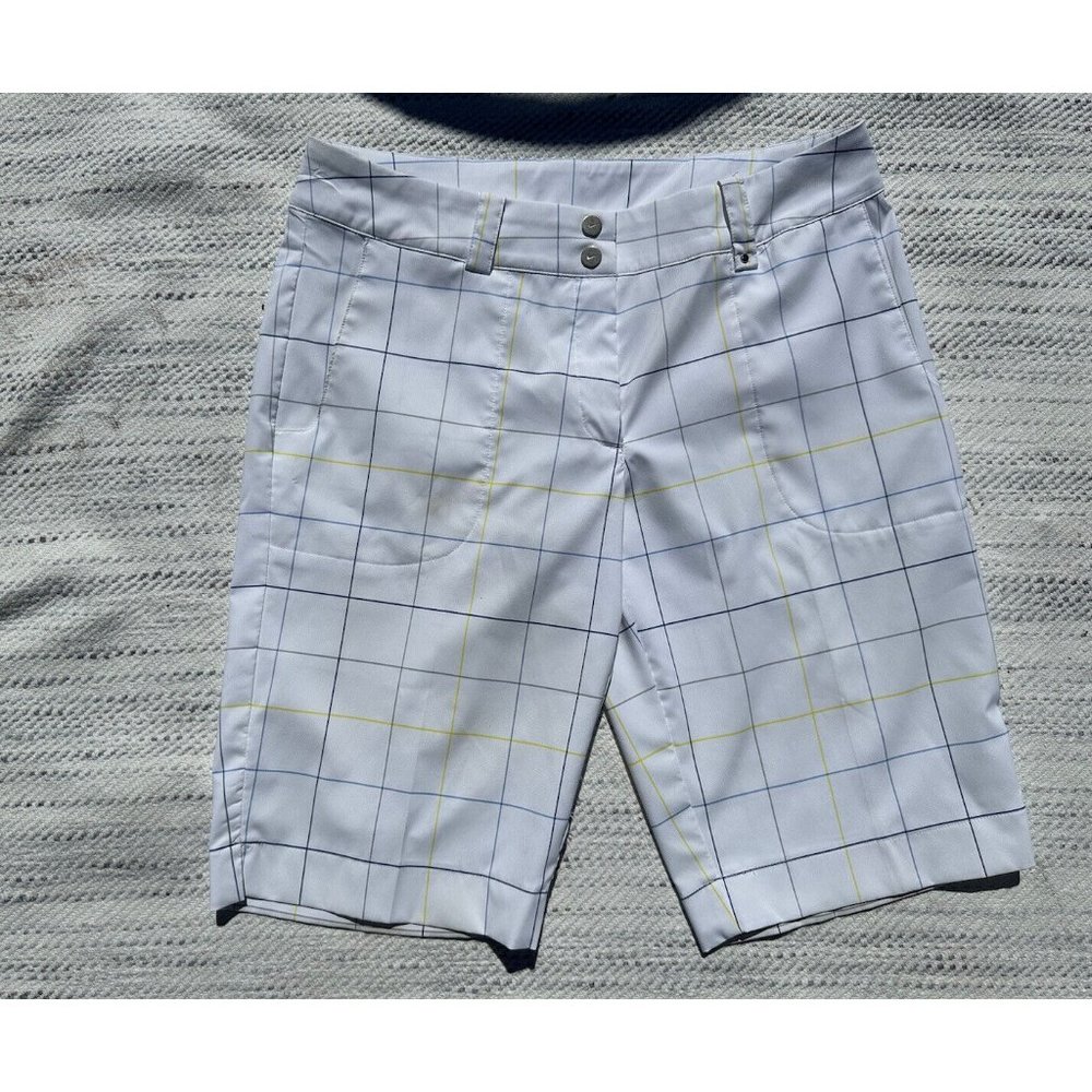 NIKE GOLF Shorts Medium White Blue Striped Chino Embroidered Swoosh Dri-Fit Mens
